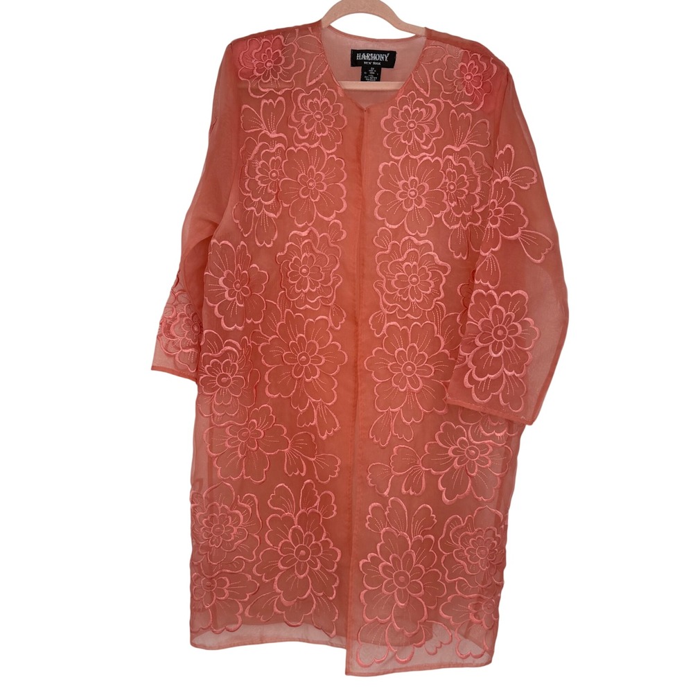 Harmony New York Coral Sheer Floral Embroidered Duster Cardigan 16W Artsy